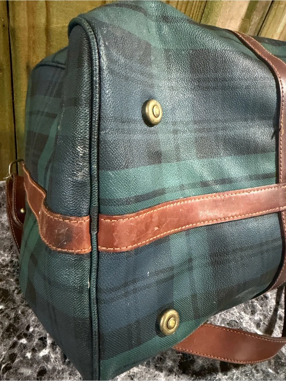Polo by Ralph Lauren Dark Green and Navy Plaid Leather-Trim Duffel